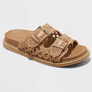 Universal Thread Kylie Woven Tan Woven Two Band Footbed Slide Sandal Buckles S10